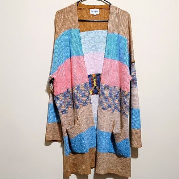 Love and Harmony Blue Brown Multicolored Cardigan Open Front Sweater Sz M/L - Picture 4 of 9